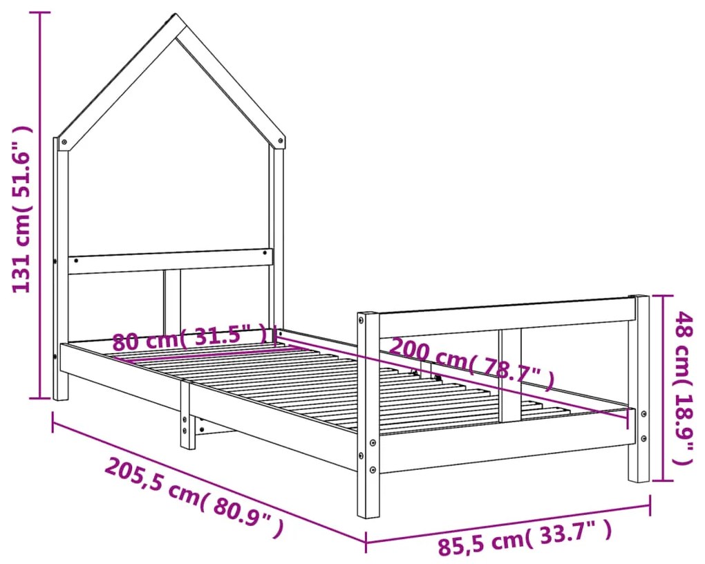 Estrutura de cama infantil 80x200 cm pinho maciço preto