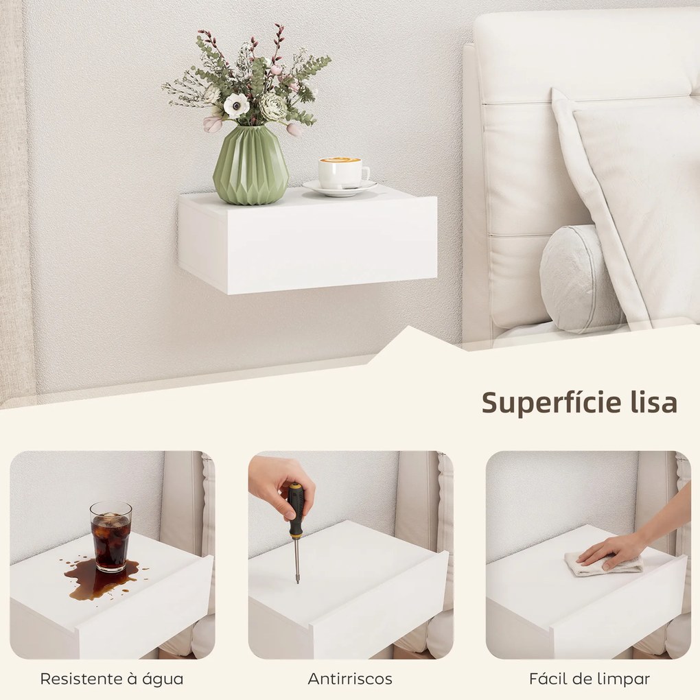 Conjunto de 2 Mesas de Cabeceira de Parede Mesas de Cabeceira Flutuantes com 1 Gaveta para Quarto 40x30x15 cm Branco