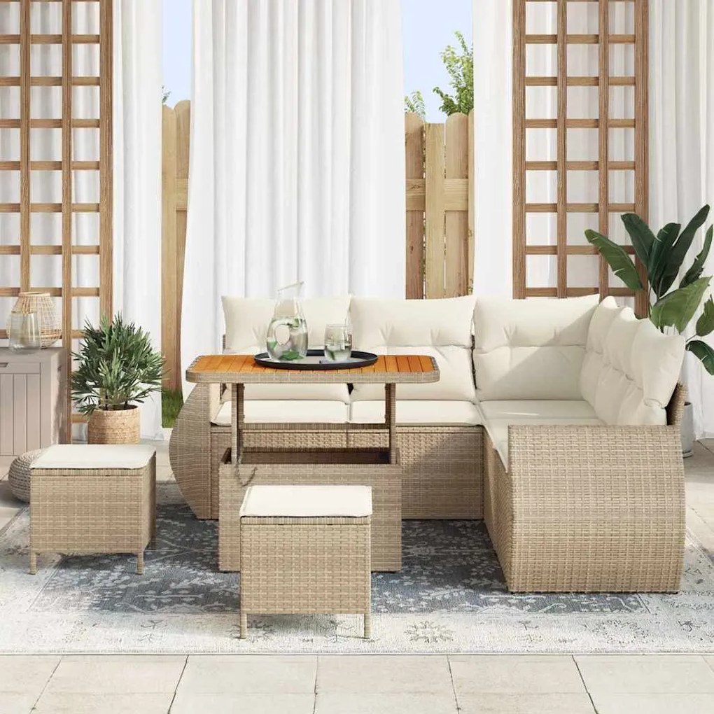 Conjunto de Sofá de Jardim de 8 Peças com Almofadas Beiges em Rattan P