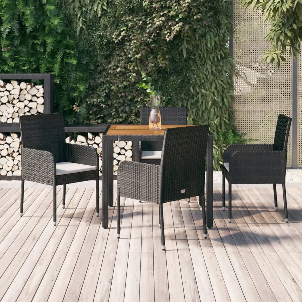 vidaXL 5 pcs conjunto de jantar p/ jardim c/ almofadões vime PE preto