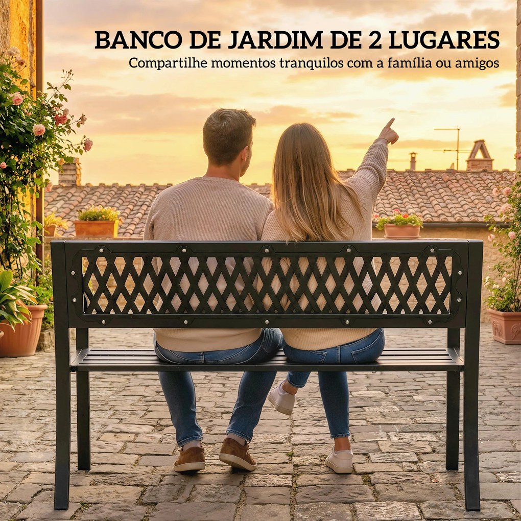 Banco de Jardim Exterior de 2 Lugares com Assento Ripado Apoios de Braço e Estrutura de Aço 119x50x75 cm Preto