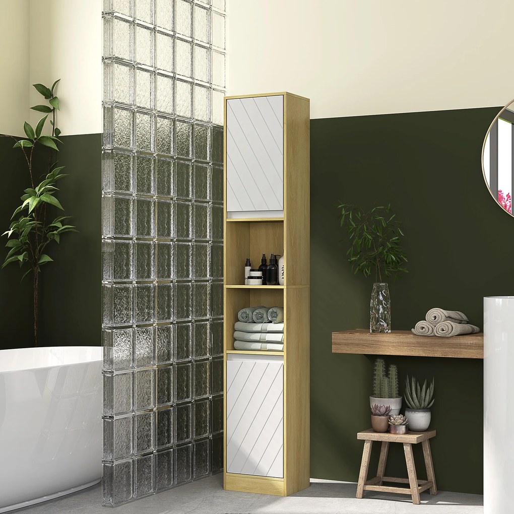Coluna Casa de Banho com 2 Prateleiras Abertas Armário Alto para Casa de Banho 30x24x170 cm Madeira e Branco