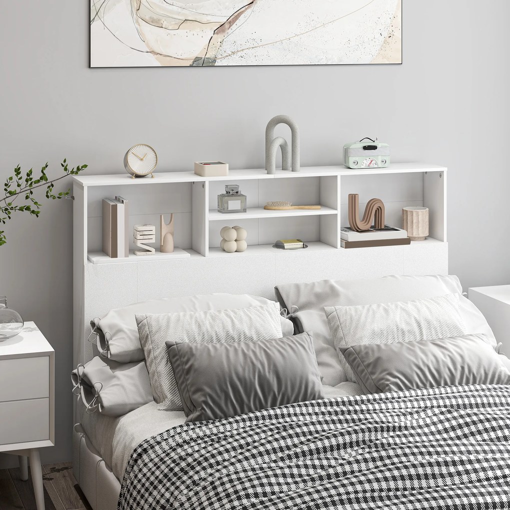 Cabeceira de cama 140 x 19 x 103,5 cm com pés e espaço de arrumação, acessório de cama com 4 compartimentos abertos, branca