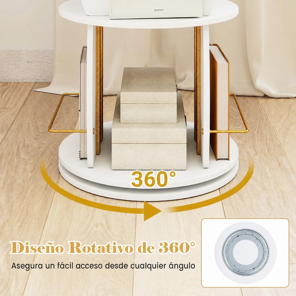 Estante Giratória para Livros de 4 Níveis, 40 x 40 x 128,5 cm, Rotação de 360°, Branco
