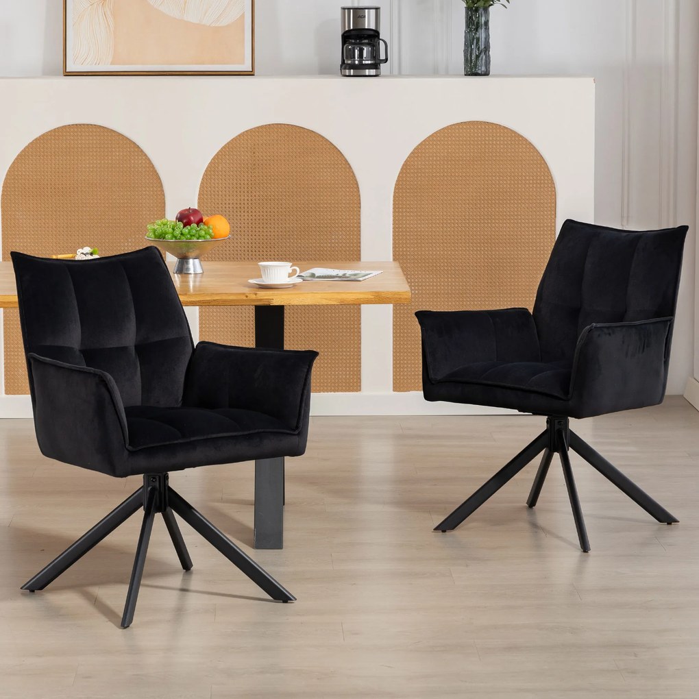 Conjunto de 2 Cadeiras de Refeição Giratórias 360° (MESA NÃO INCLUÍDA) Estofado Estofamento em Veludo Pés em Aço 63x64x85 cm Preto