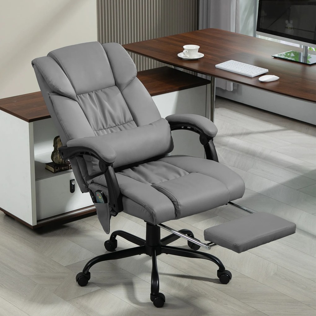 Cadeira de escritório com função de massagem, apoio para os pés, altura ajustável, encosto reclinável, comando com fio e rotação de 360° cinzento