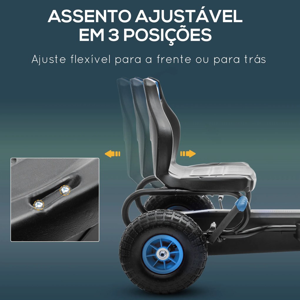 HOMCOM Kart a Pedais para Crianças 5-12 Anos Kart a Pedais Infantil com Assento Ajustável Pneus Insufláveis Amortecimento e Travão de Mão Carga Máx. 50kg 121x58x61cm Azul