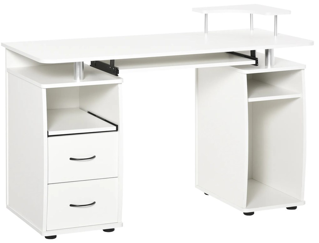 HOMCOM Secretária para computador Mesa para PC com prateleiras múltiplas Bandeja de teclado Suporte para CPU e 2 gavetas 120x55x85 cm branco