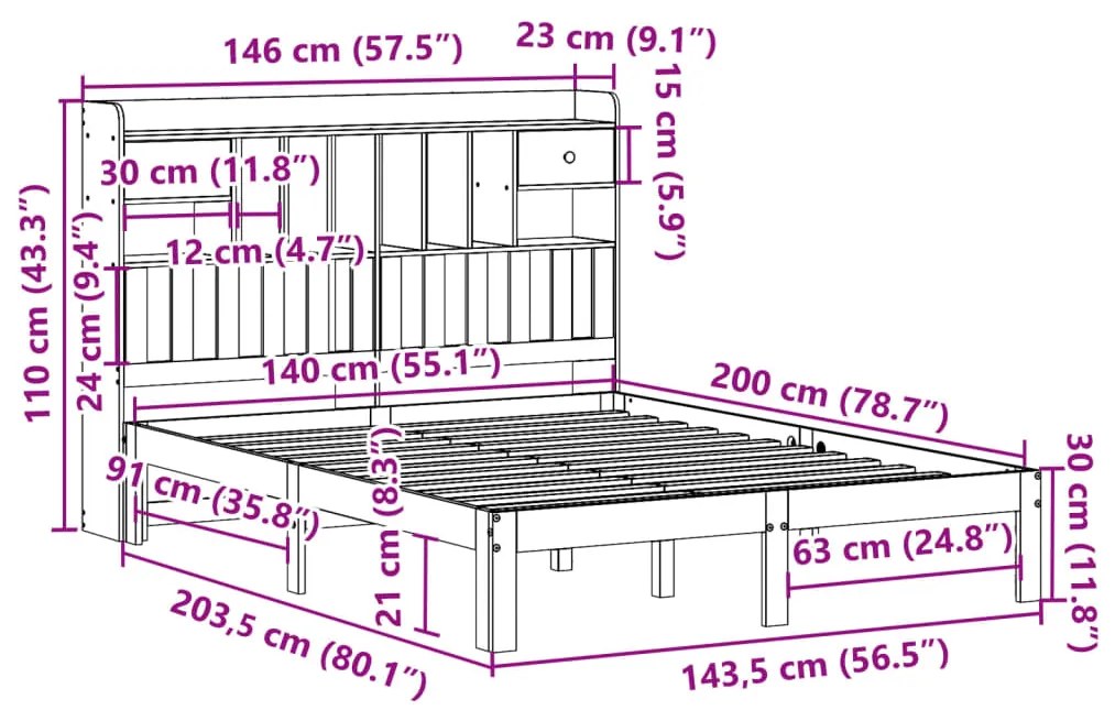 Cama com estante sem colchão 140x200 cm pinho maciço