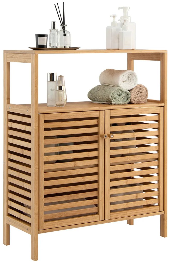 Armário de casa de banho em bambu com Estante Aberta Amovível Porta Dupla 64 x 27,5 x 80 cm Natural