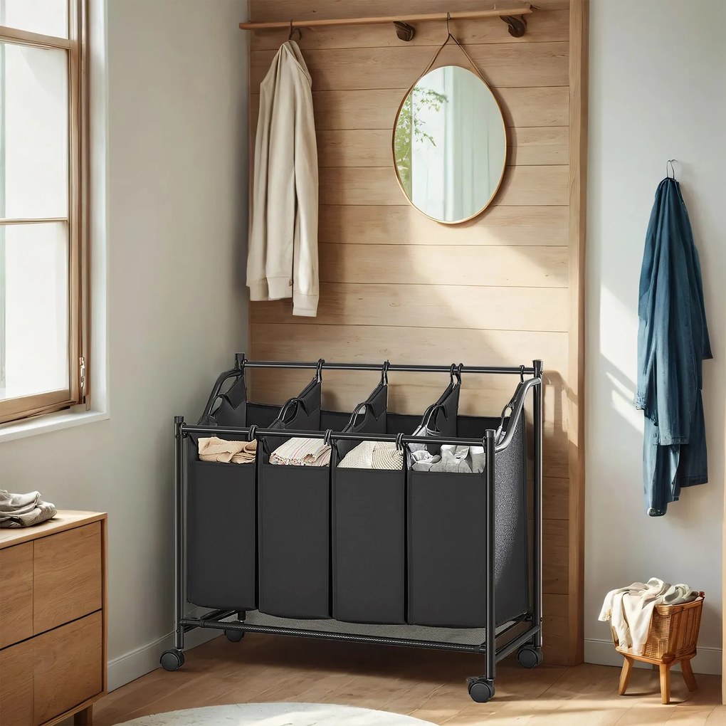 Cesto para roupa suja com rodas, 4 x 35 L, com 4 sacos removíveis 87,5 x 38,5 x 67/81 cm preto