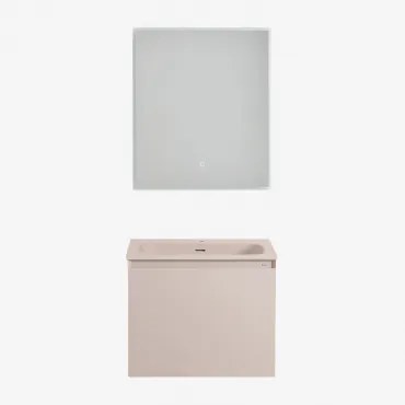 Conjunto De Móvel De Casa De Banho Suspenso Em Madeira Com Lavatório Integrado Macrae Crema Linho & Led Retangular E Anti-embaciamento 60x70 - Sklum