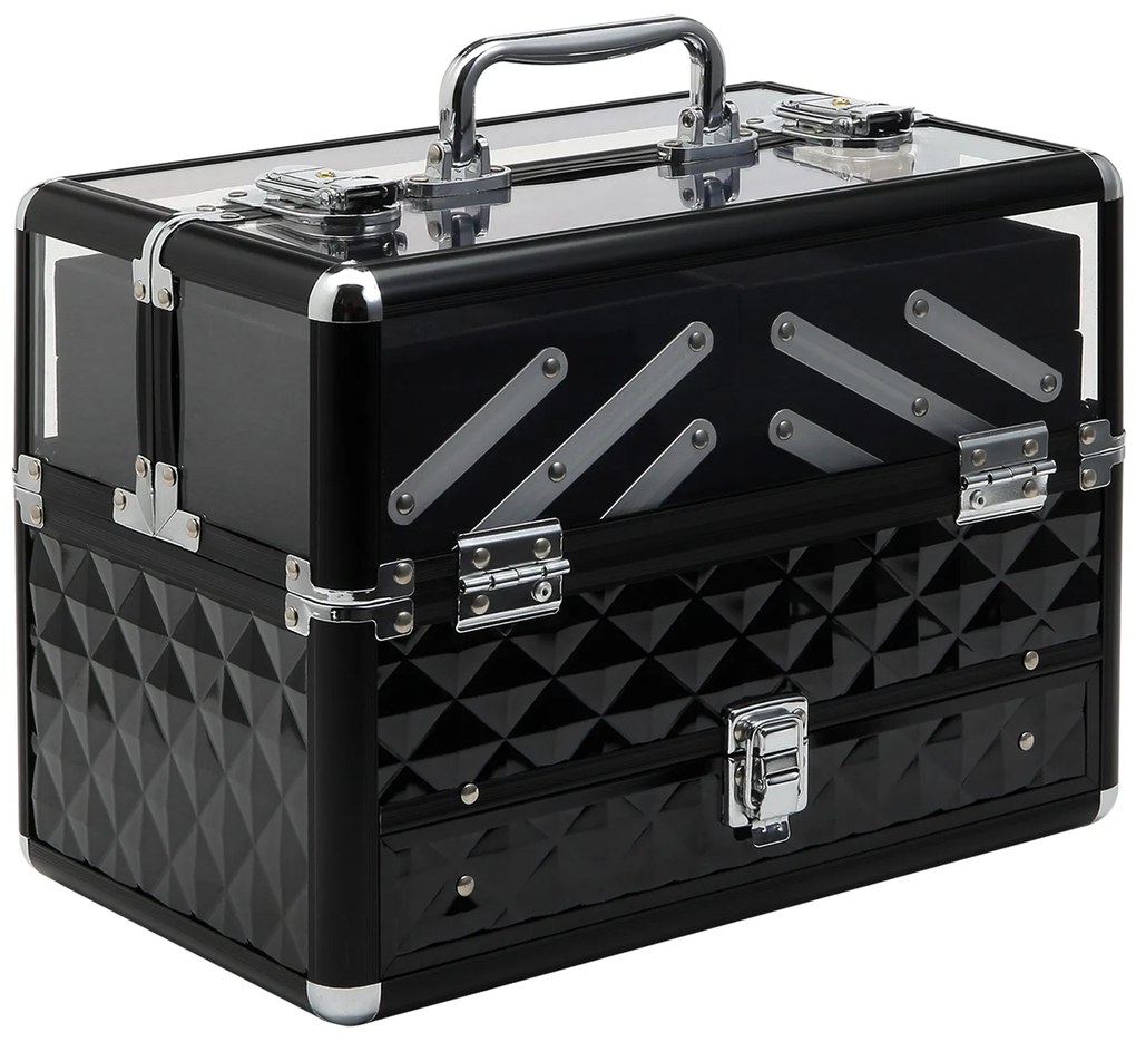 HOMCOM Estojo de Maquilhagem Organizador de Cosméticos Portátil com Múltiplos Níveis Alça e Bandejas 30x18,5x22 cm Preto e Transparente