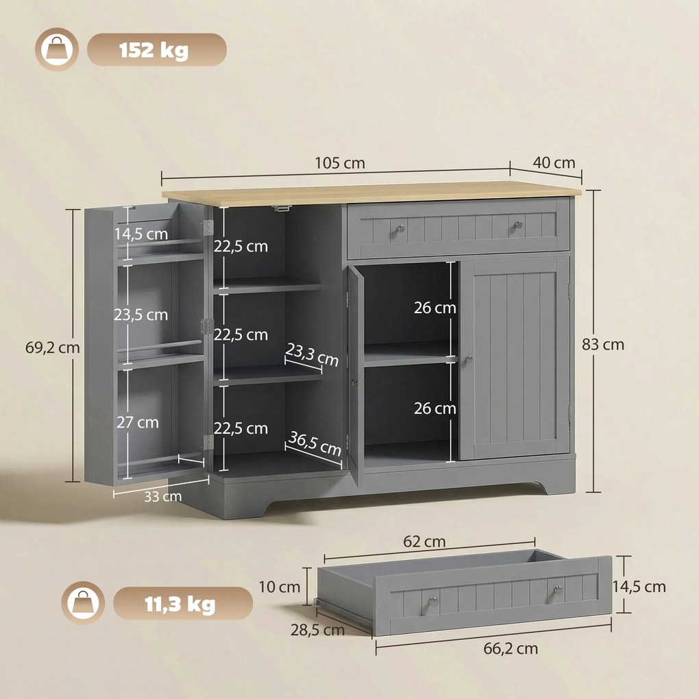 Aparador de Cozinha com 3 Prateleiras de Porta Gaveta e Prateleiras Ajustáveis para Sala de Jantar 105x40x83 cm Cinzento