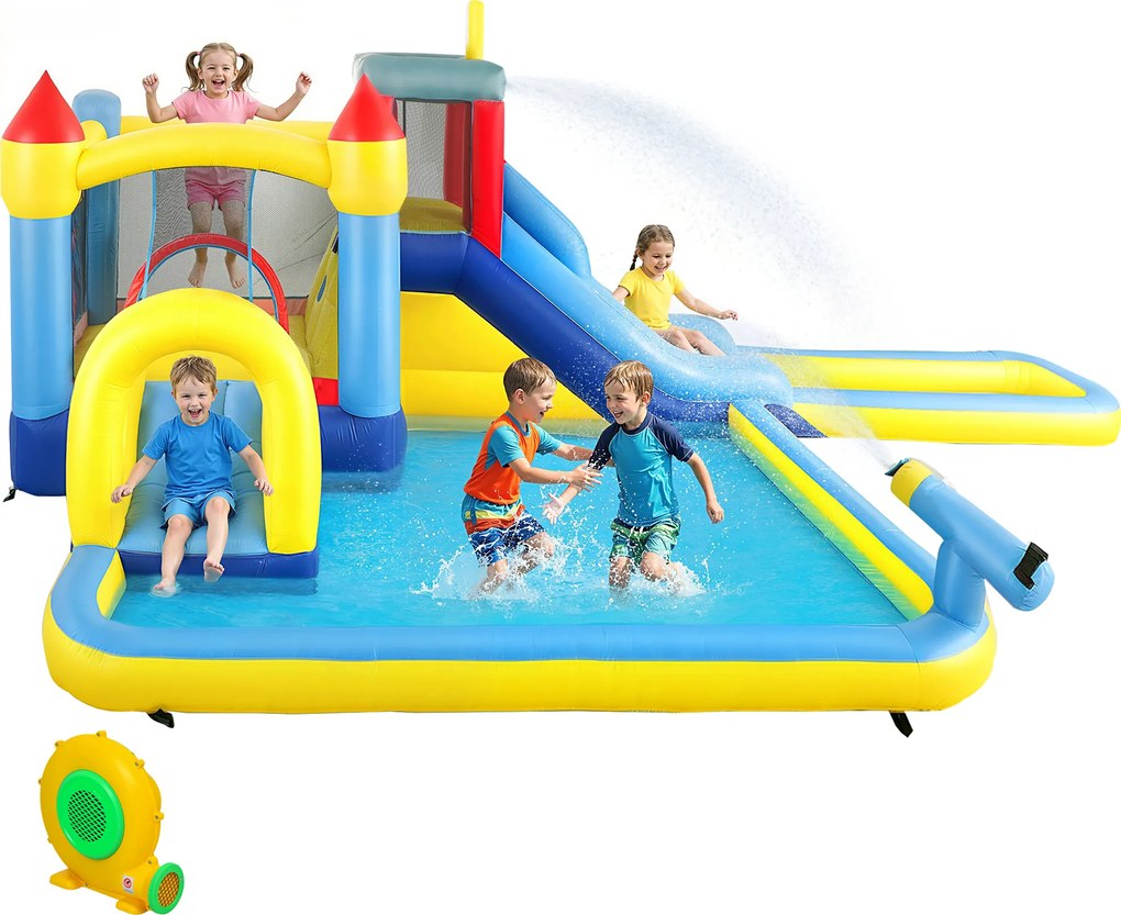 Castelo insuflável com soprador 620C x 320L x 220A cm, parque aquático, escorregas, trampolim, parede de escalada, canhão e cesto de basquetebol multi