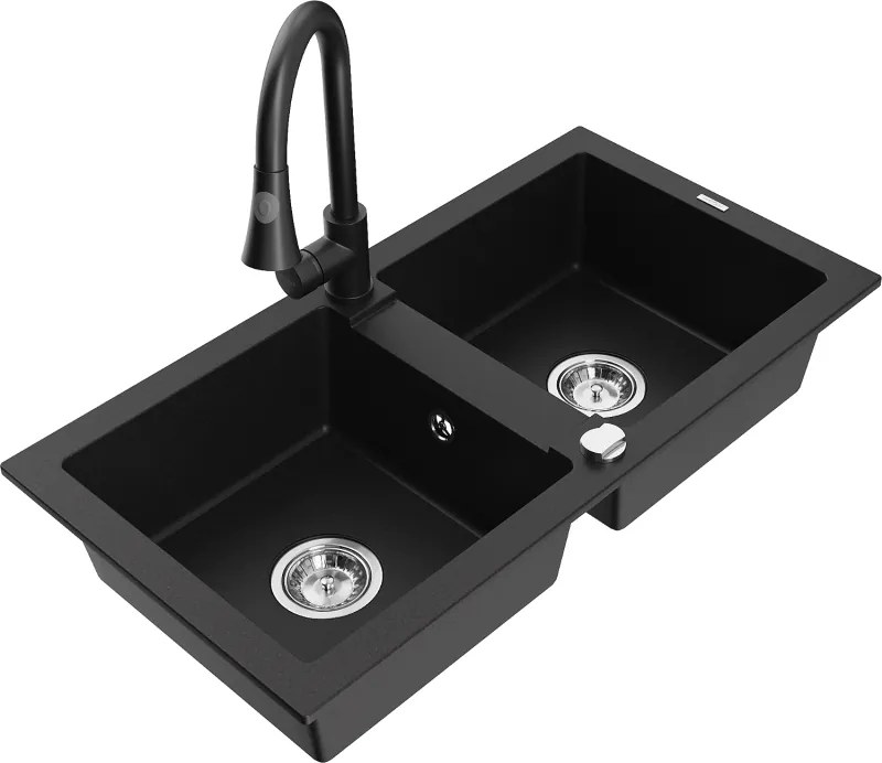 Mexen Mario lava-loiça de granito com 2 cubas com torneira de cozinha Elia, preto - 6504-77-670101-70