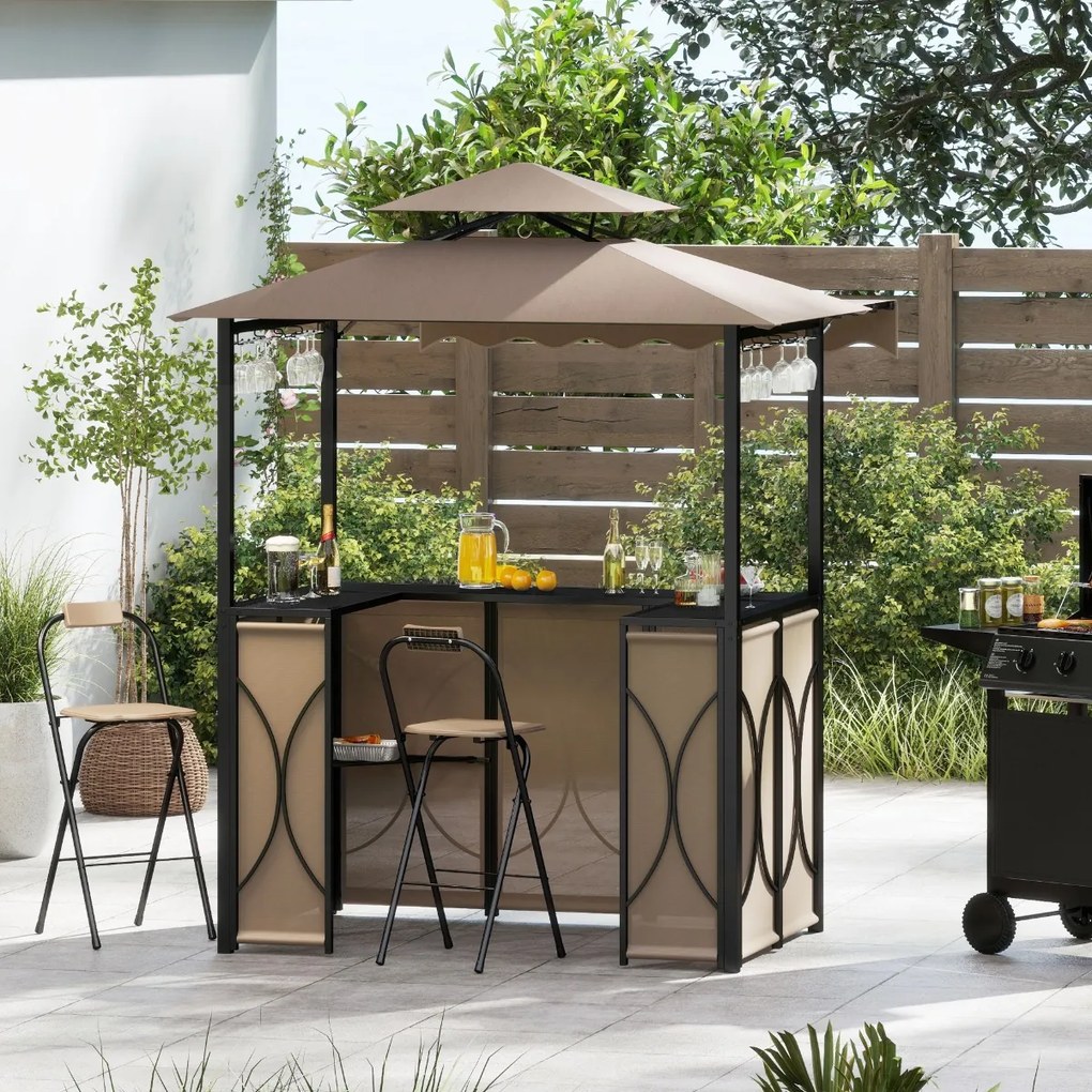 Tenda jardim com mesa de bar e 2 cadeiras dobráveis com prateleiras de metal para jardim 193 x 117 x 240 cm Café