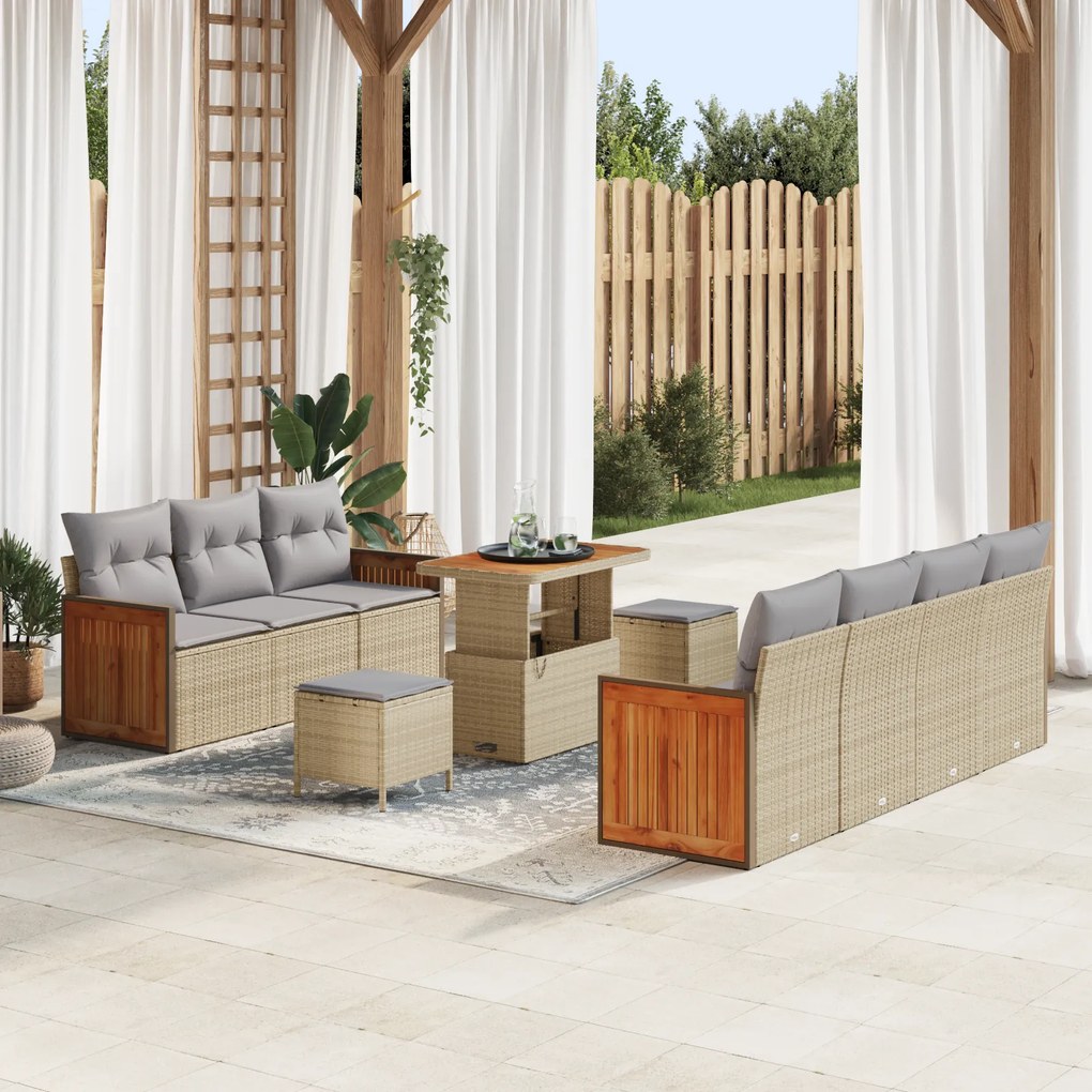Conjunto de Sofá de Jardim vidaXL de 10 Peças com Almofadas Bege Ratta