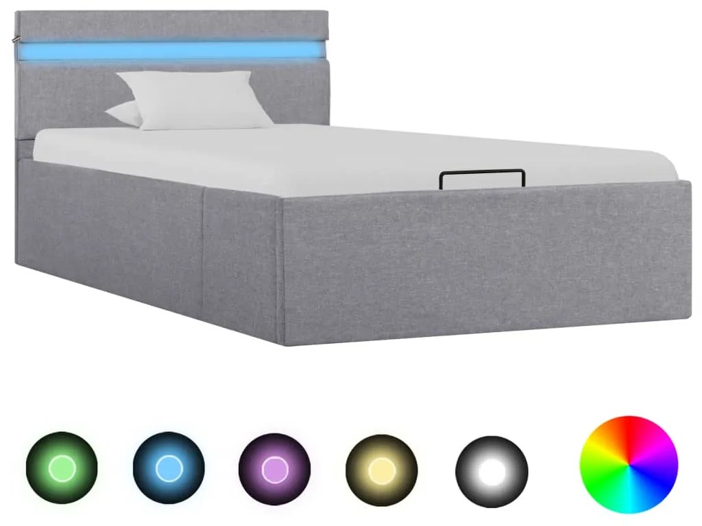 Cama hidráulica arrumação c/ LED 90x200cm tecido cinzento-claro