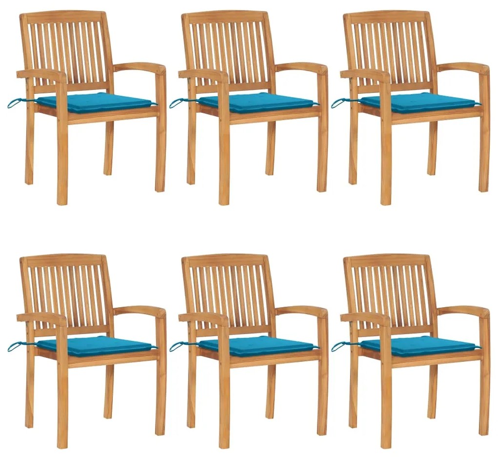 vidaXL Cadeiras de jardim empiháveis c/ almofadões 6 pcs teca maciça