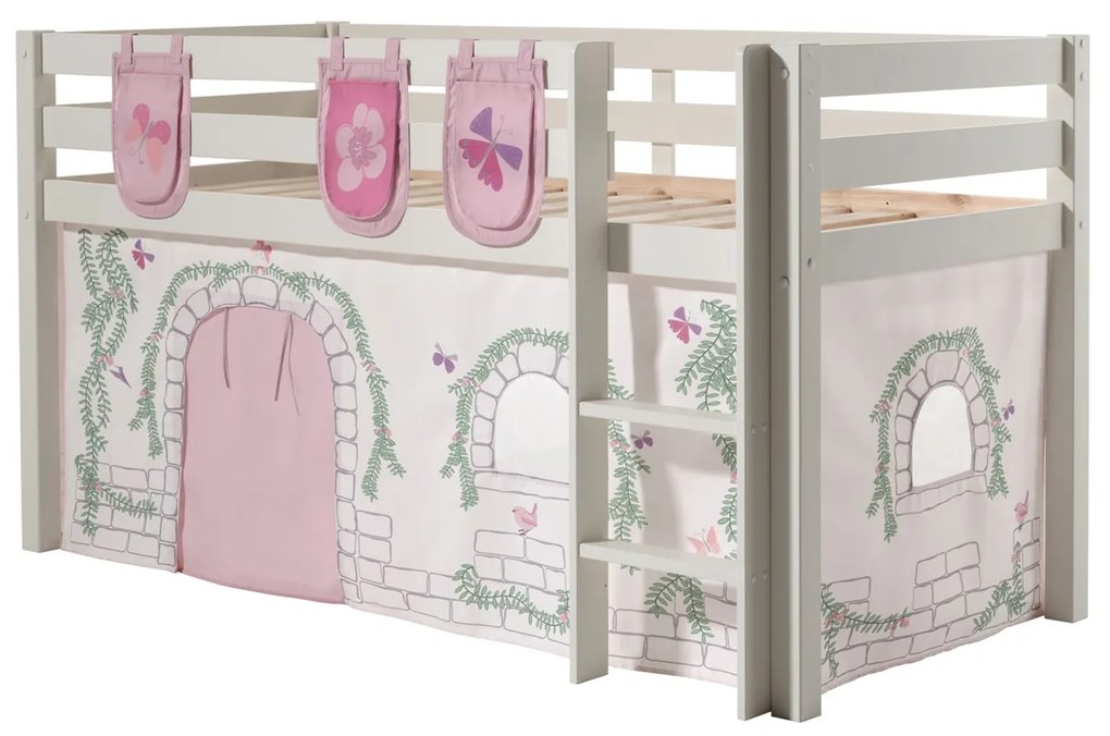 Conjunto Cama alta de Criança PINO 90 x 200 cm + estrado + escada + cortina +3 bolsas Passaros Branca