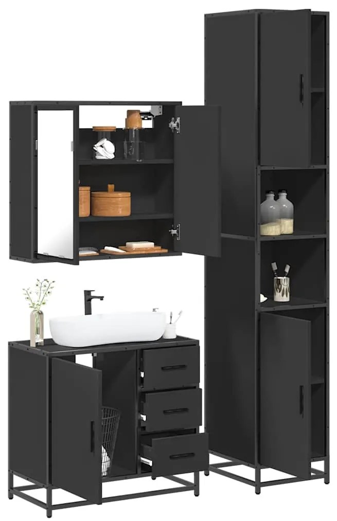 vidaXL 3 pcs conjunto móveis casa de banho derivados de madeira preto