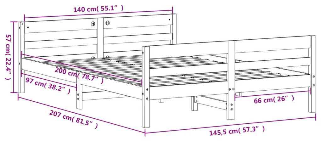 Estrutura cama c/ cabeceira 140x200cm pinho maciço castanho-mel