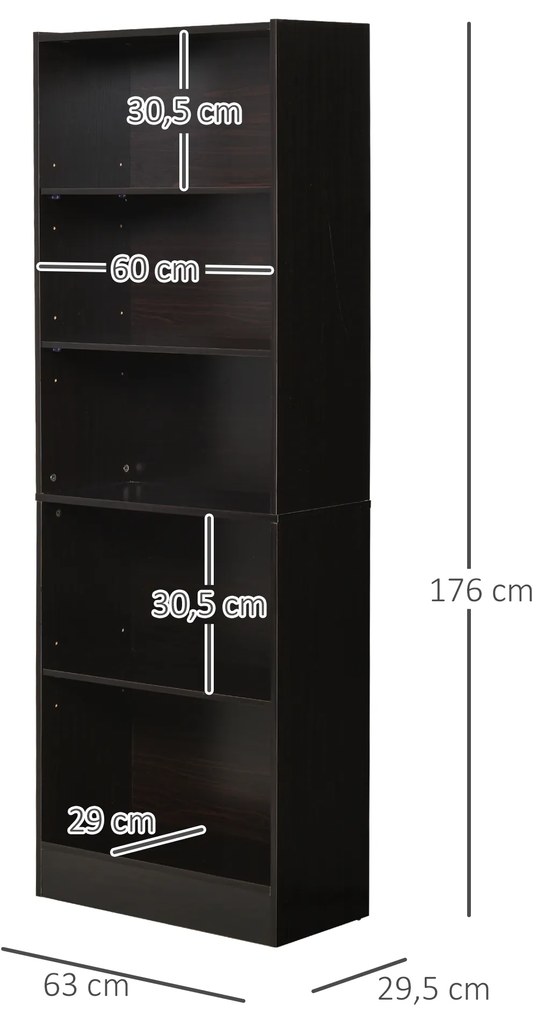 HOMCOM Estante para Livros de 5 Níveis com Prateleira Ajustável e Desenho Anti-Tombo Estante de Armazenamento para Sala de Estar Estúdio Escritório 63x29,5x176 cm Preto