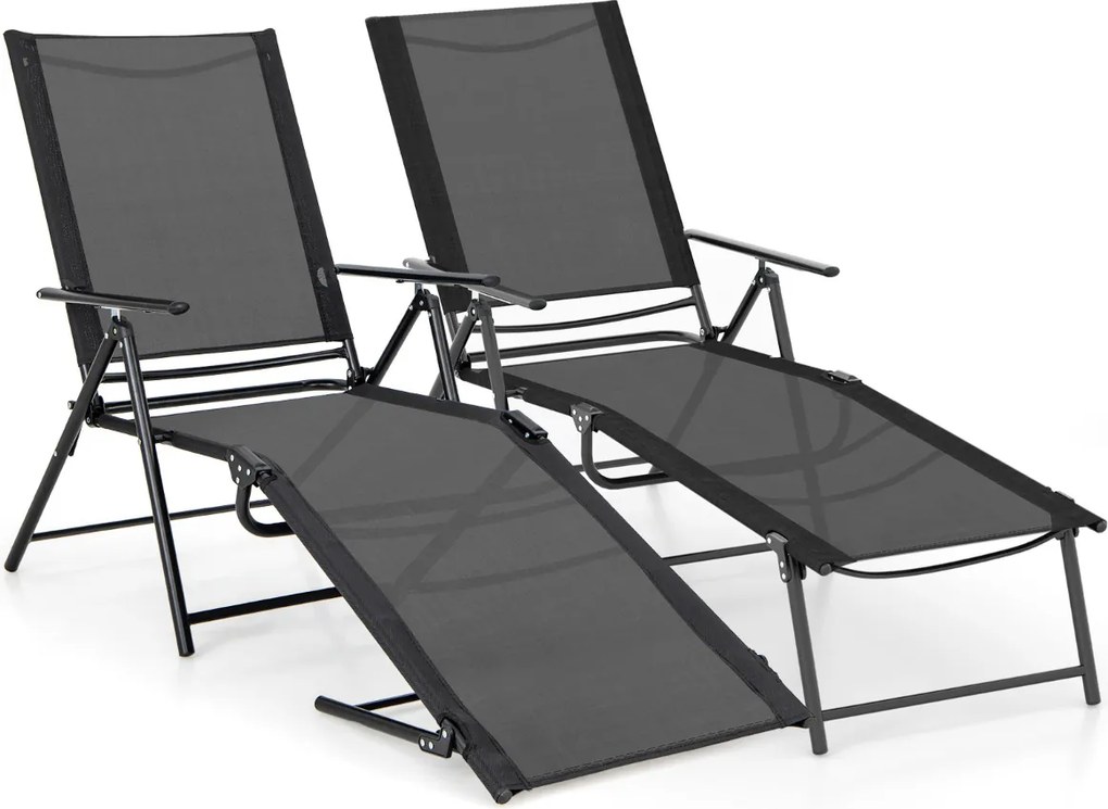 Conjunto de 2 espreguiçadeiras jardim dobráveis com encosto de 6 níveis Assento respirável Estrutura metálica em tecido 189 x 64 x 102 cm Preto
