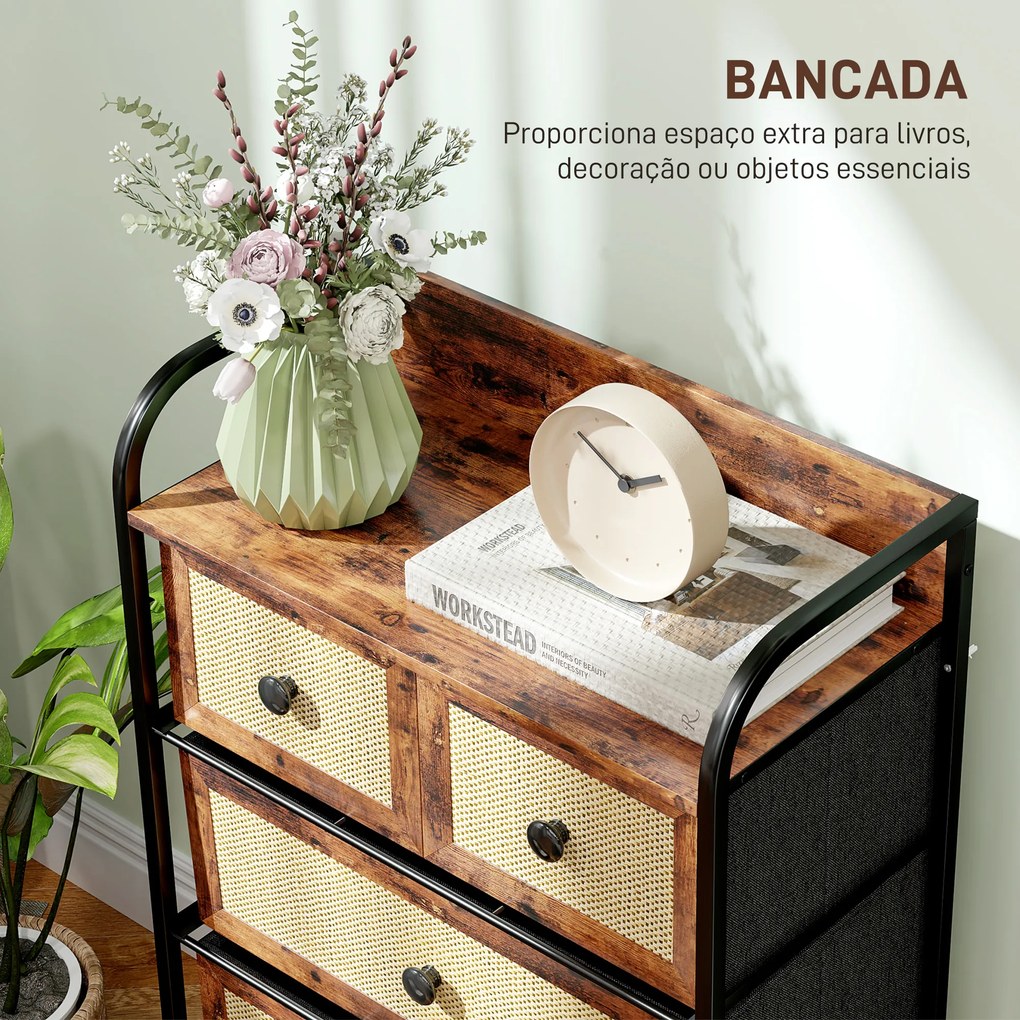 Cómoda de Tecido para Quarto com 5 Gavetas com Frente em Vime e Prateleira 58x29x99 cm Castanho Rústico