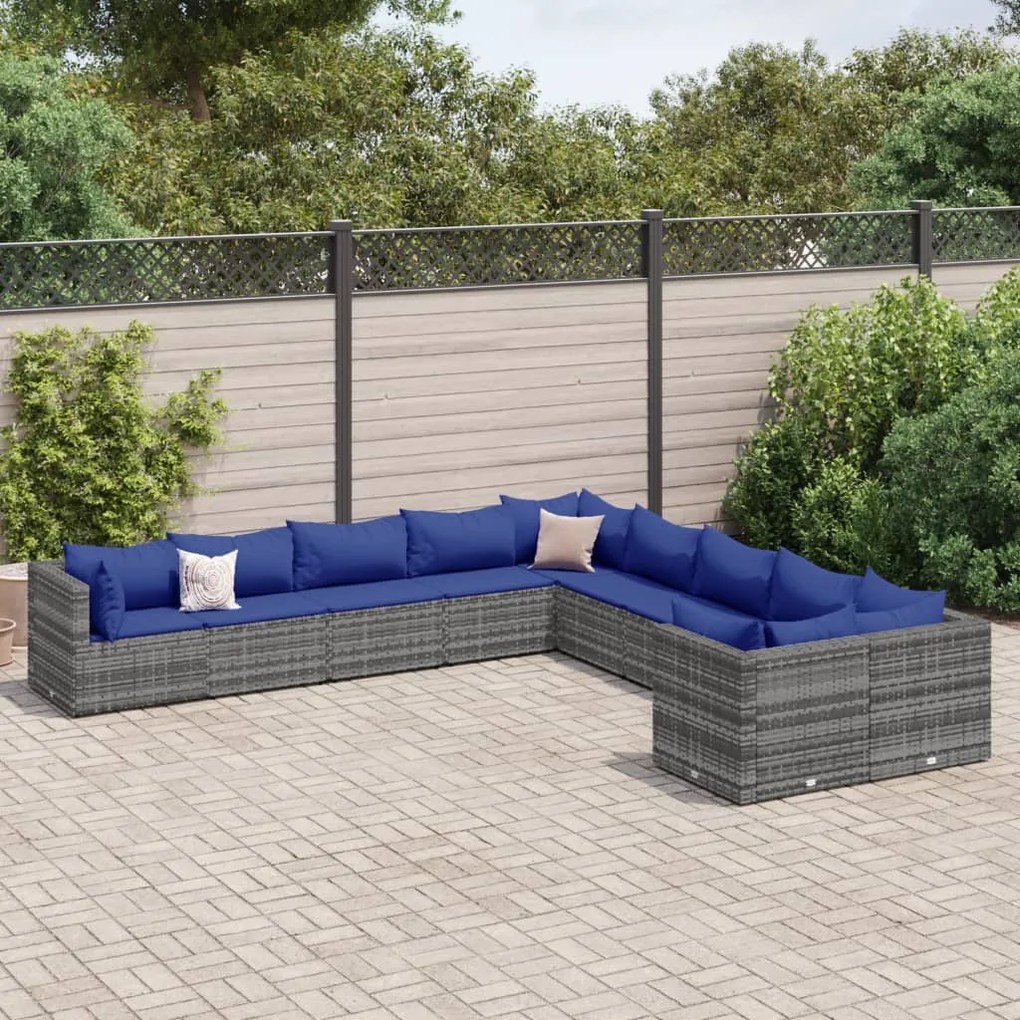 vidaXL 10 pcs conjunto sofás de jardim c/ almofadões vime PE cinzento