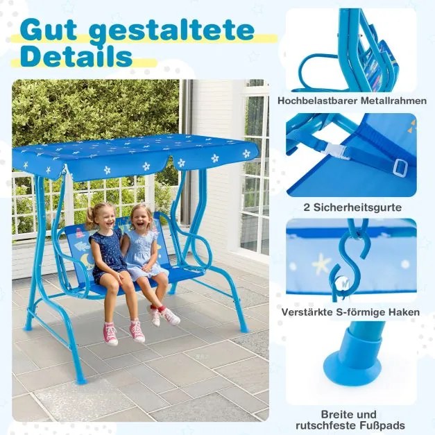 Baloiço infantil Hollywood para 2 crianças com toldo ajustável e estrutura metálica azul