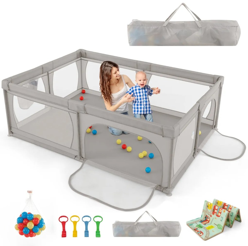 Parque infantil com tapete de jogos Centro de actividades estável não tóxico com bolas Rede respirável com fecho de correr 206 x 147 x 68,5 cm Cinzent