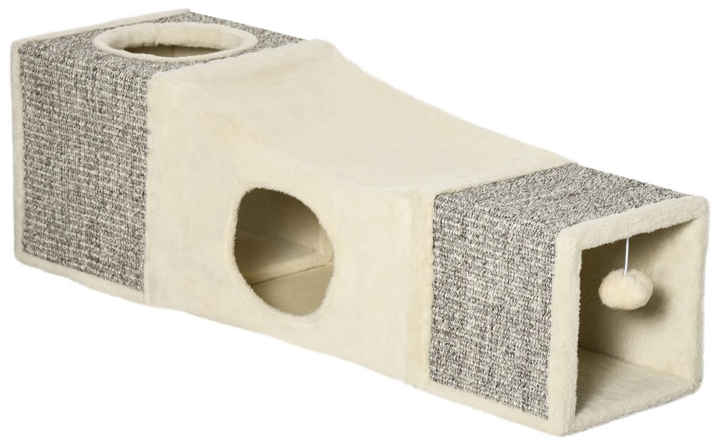 PawHut Túnel para Gatos com Bola Supensa Dobrável com Múltiplas Entradas Caverna de Sisal 98x30x30 cm Creme e Cinza | Aosom Portugal