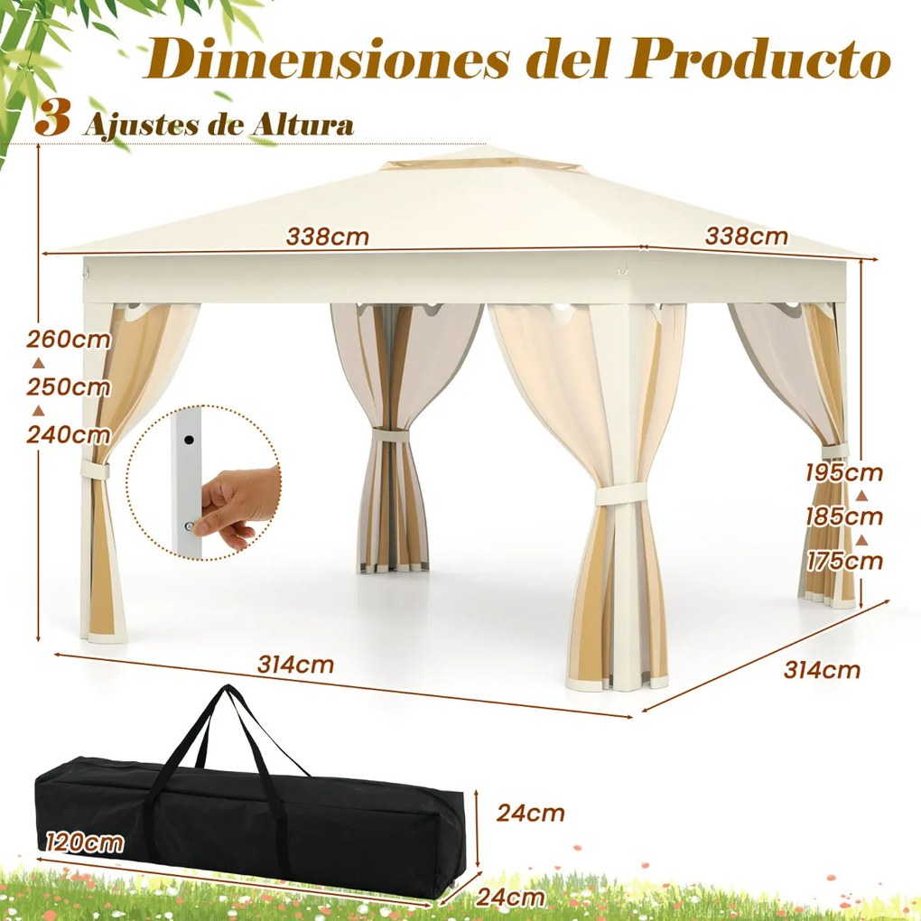 Pergula Instantânea para Jardim 337 x 337 CM Dobrável com Telhado Duplo com Rede Bolsa de Transporte Fácil Montagem Bege