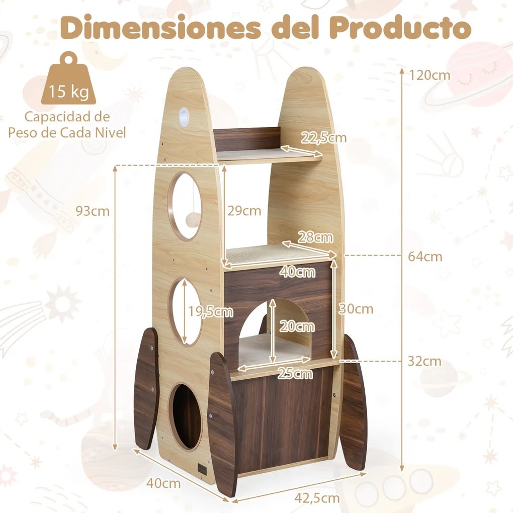 Torre para gatos 42,5 x 40 x 120 cm com casinha de madeira e arranhador em sisal, plataforma almofadada e bola suspensa natural