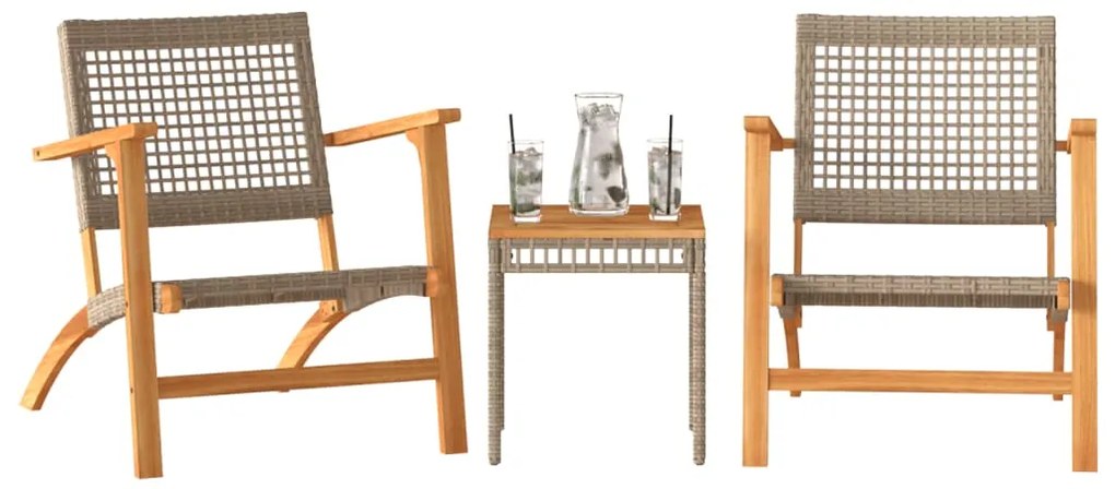 3 pcs conjunto de bistrô vime PE/madeira de acácia maciça bege