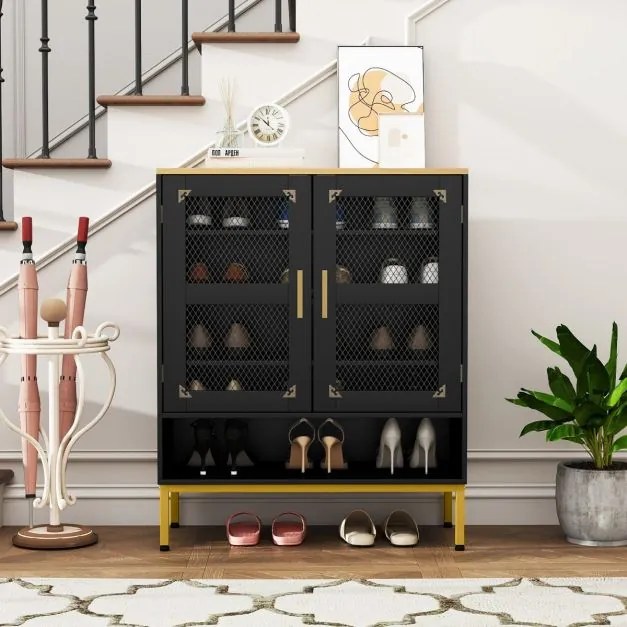 Sapateira com 5 níveis 70 x 35 x 93 cm e portas de malha Organizador moderno para sapatos em madeira com prateleiras ajustáveis e pés pretos