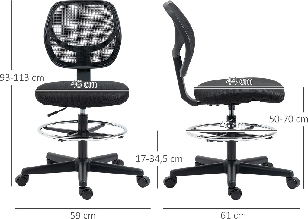Cadeira de escritório com assento alto em malha, altura ajustável entre 50 e 70 cm, com apoio para os pés giratório a 360°, na cor preta