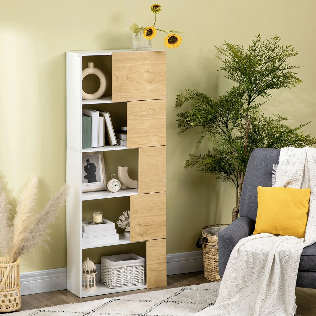 Estante de 5 Níveis Estante para Livros com 5 Portas e Compartimentos Abertos para Sala de Estar Dormitório Estúdio 63x22x166cm Branco e Madeira