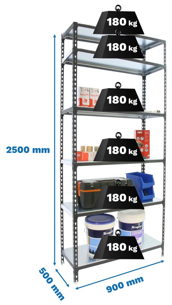 Estante com 6 Prateleiras METÁLICA SIMONCLICK 6/500 ANTRACITE/BRANCO Capacidade P/ prateleira 180 Kg Dimensões 2500x900x500 mm