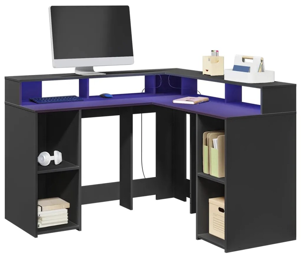 vidaXL Secretária c/ luzes LED 130x130x91 cm derivados madeira preto