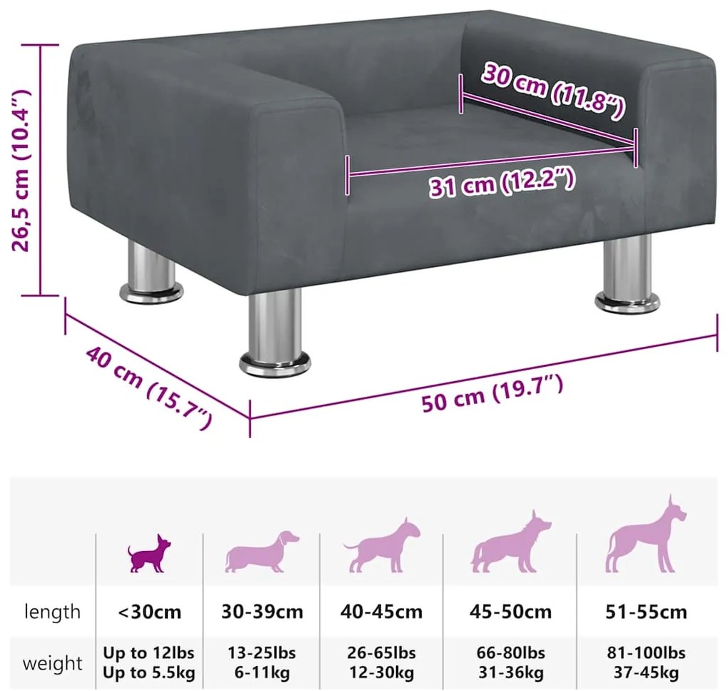 Cama para cães 50x40x26,5 cm veludo cinzento-escuro