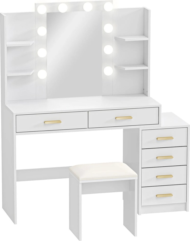 HOMCOM Penteadeira com espelho iluminado e banqueta estofada, conjunto de maquiagem com 6 gavetas e prateleiras, Branco | Aosom Portugal