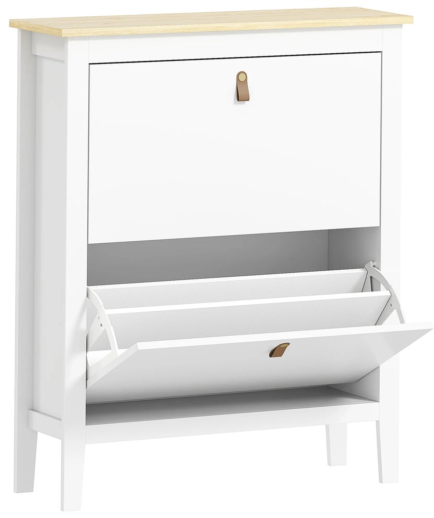 HOMCOM Sapateira Entrada Estreita Móvel para 14 Sapatos com 2 Gavetas Prateleiras Ajustáveis e Puxadores em PU 80x24x95,5 cm Branco | Aosom Portugal