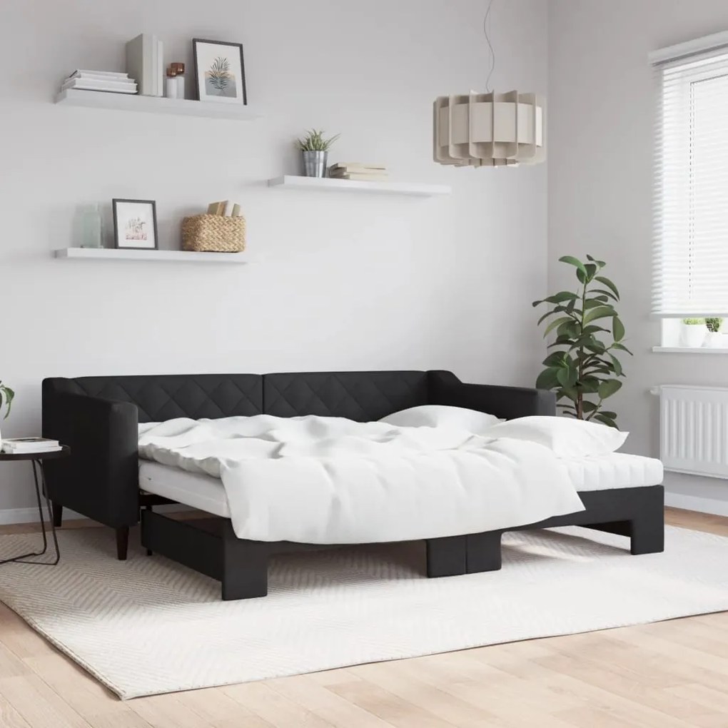 vidaXL Sofá-cama com gavetão e colchões 90x190 cm tecido preto