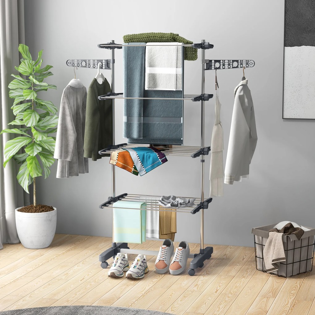 Estendal de roupa dobrável com abas laterais, para uso interior e exterior, 142 x 55 x 172 cm, 4 níveis, cinzento