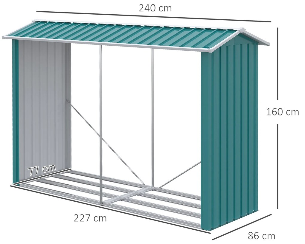 Abrigo para Lenhas de Aço Galvanizado com Teto Inclinado para Jardim Varanda Pátio 240x86x160 cm Verde