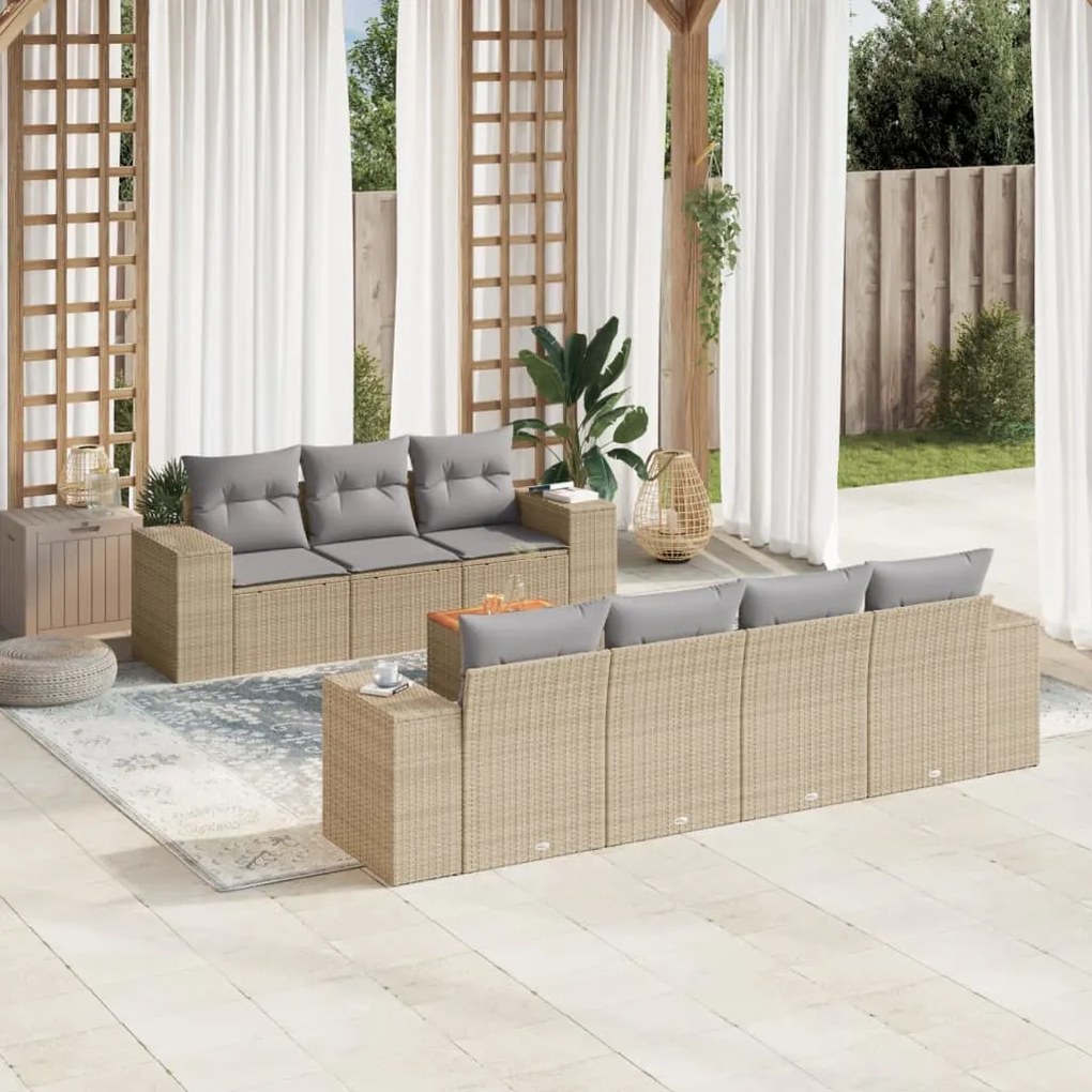 8 pcs conjunto de sofás p/ jardim com almofadões vime PE bege