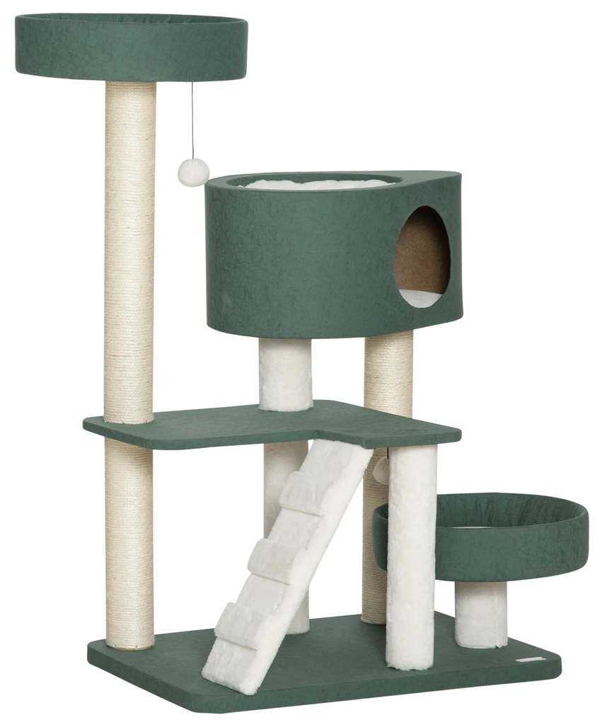 PawHut Arranhador Gatos 2 Camas Caverna Rede Escada Bolas Suspensas Postes de Sisal 70x50x114cm Verde Confortável Divertido | Aosom Portugal